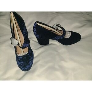 Chelsea Crew Oksana Navy Blue Crushed Velvet Mary Jane Block Heel Pumps 8